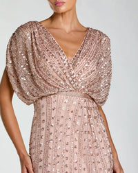 Close up studio shot of Mac Duggal Pink Embellished Blouson V Neck Column Gown #23081
