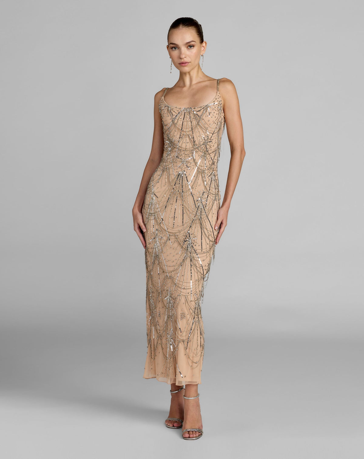 Mac Duggal #23082 nude silver beaded fringe scoop neck ankle dress