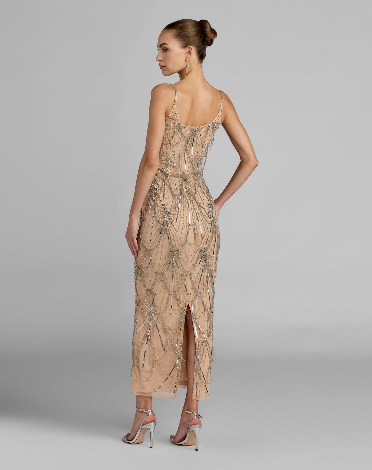 Mac Duggal #23082 nude silver beaded fringe scoop neck ankle dress back