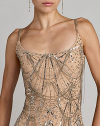 Mac Duggal #23082 nude silver beaded fringe scoop neck ankle dress close-up