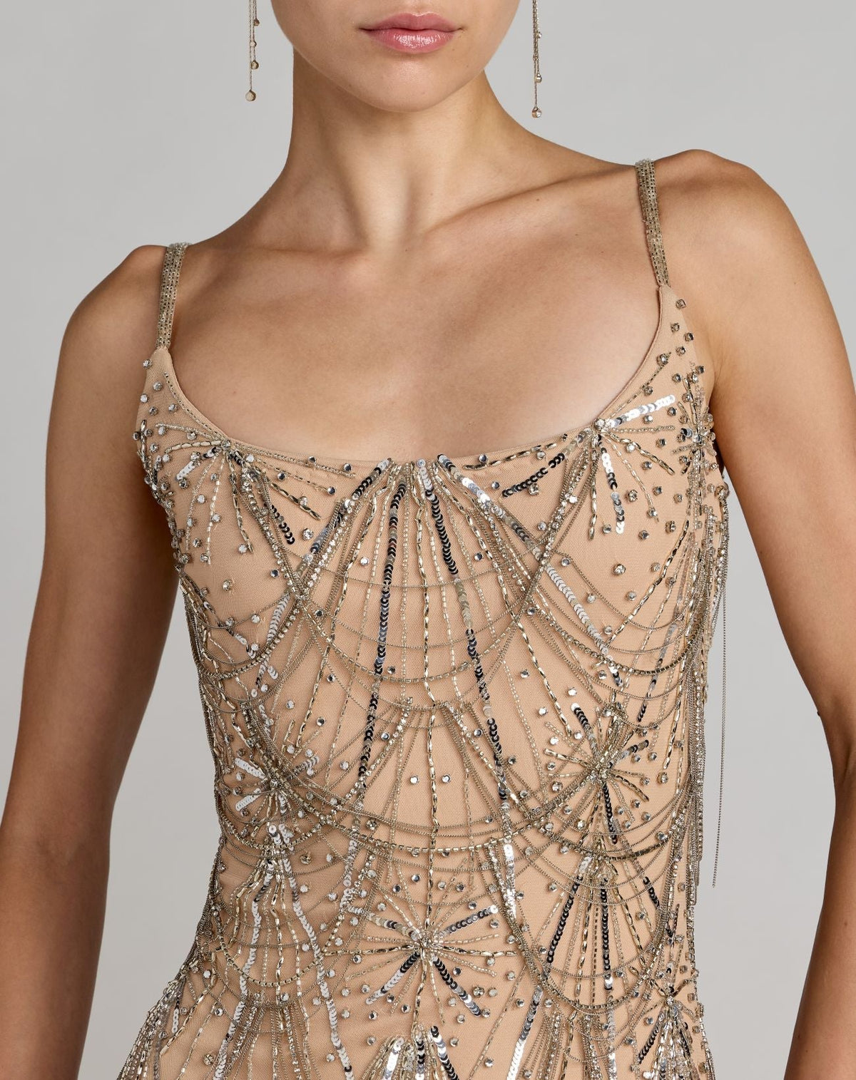 Mac Duggal #23082 nude silver beaded fringe scoop neck ankle dress close-up