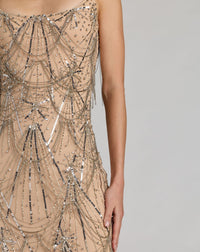 Mac Duggal #23082 nude silver beaded fringe scoop neck ankle dress detail