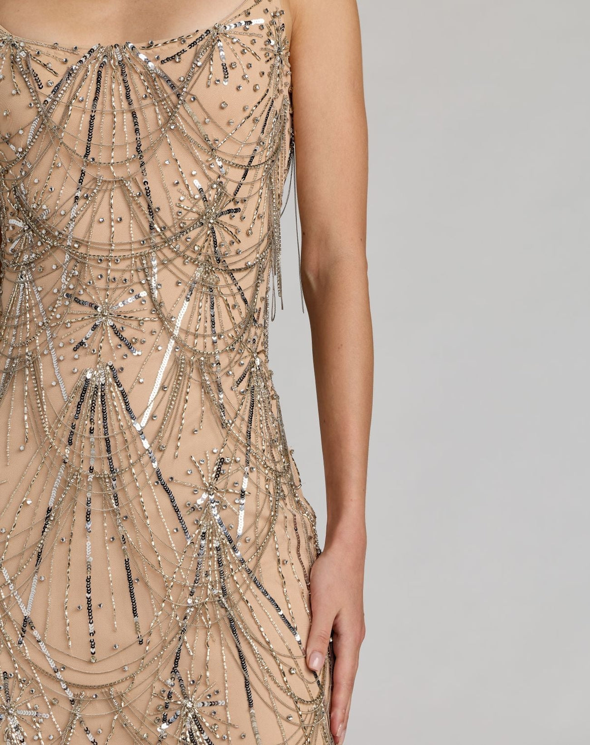 Mac Duggal #23082 nude silver beaded fringe scoop neck ankle dress detail