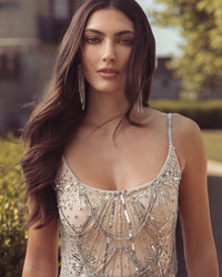 Mac Duggal #23082 nude silver beaded fringe scoop neck ankle dress lifestyle alternate