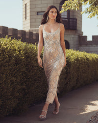 Mac Duggal #23082 nude silver beaded fringe scoop neck ankle dress lifestyle