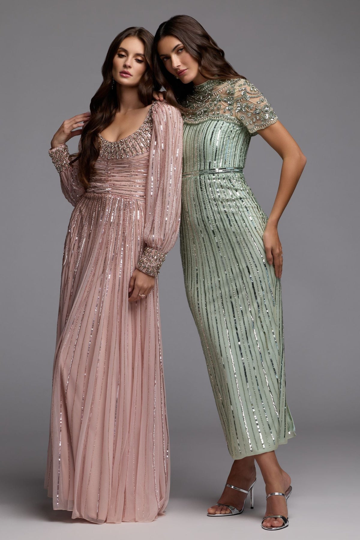 Group photo featuring model wearing Mac Duggal 23075 light sage beaded midi dress"
