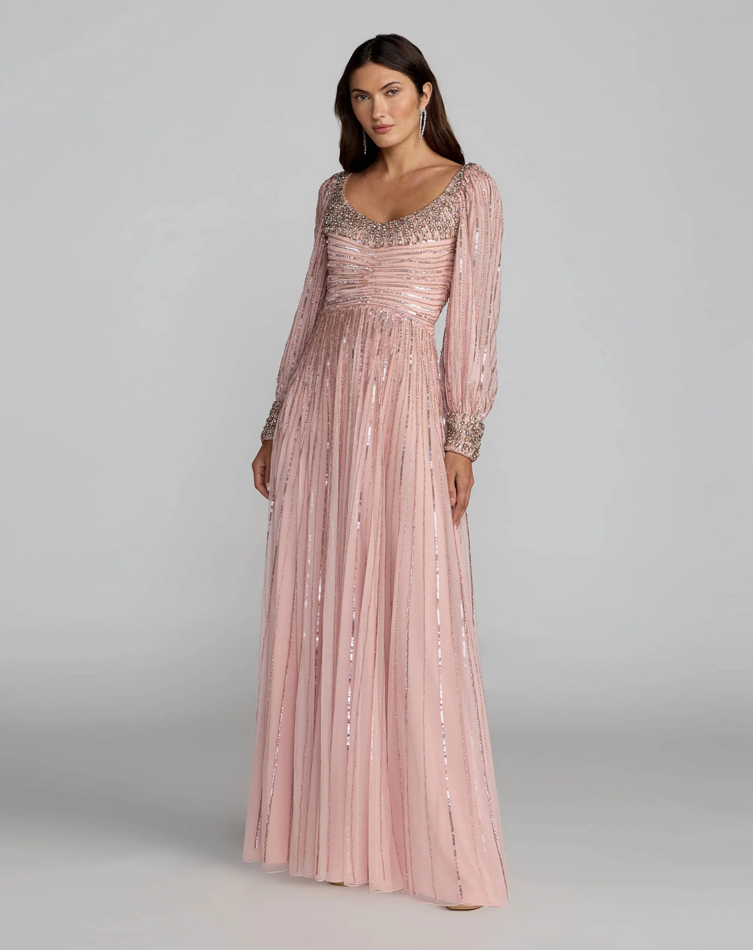 Mac Duggal 23085 Light Rose embellished long sleeve scoop neck A line gown - front