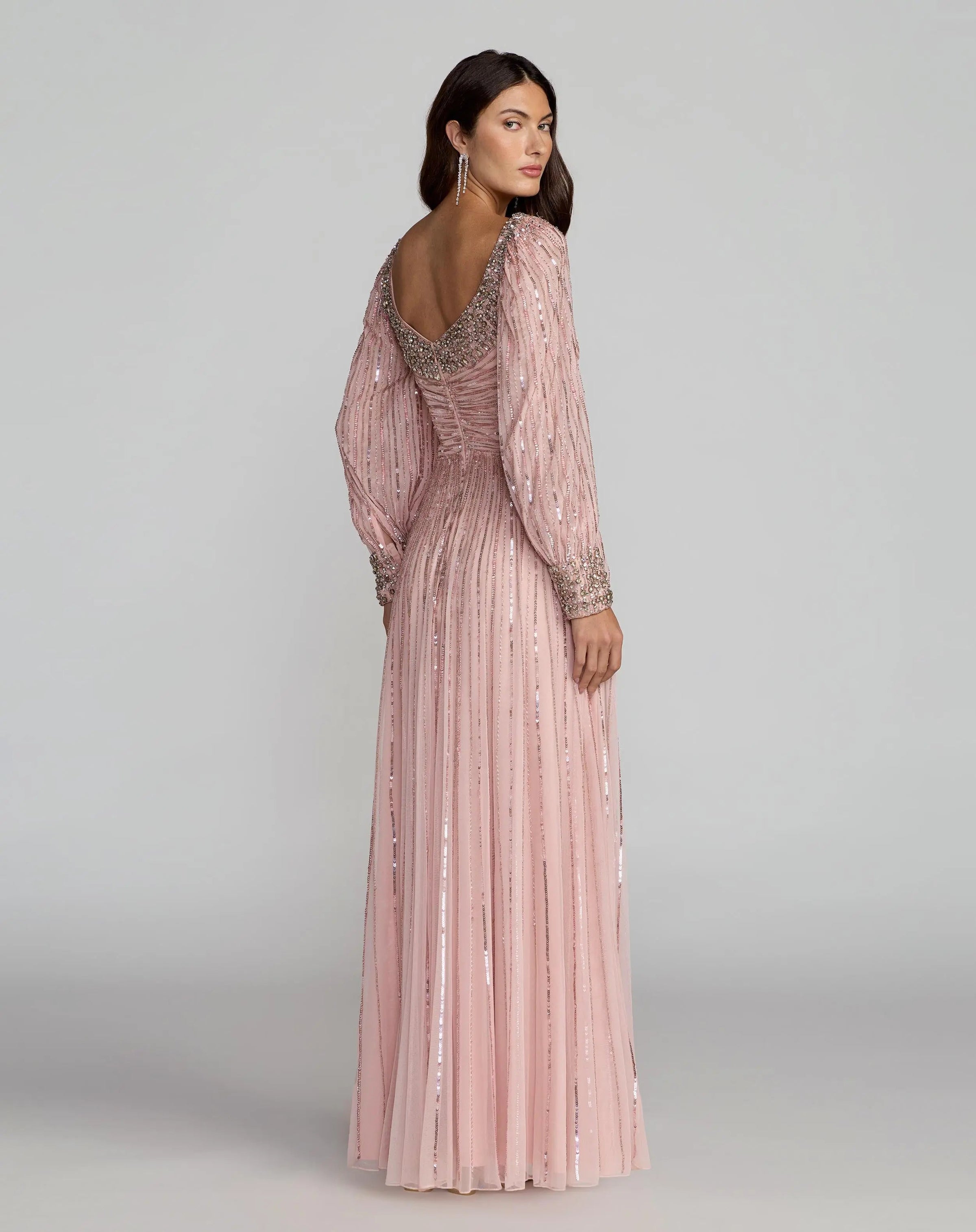 Mac Duggal 23085 Light Rose embellished long sleeve scoop neck A line gown - back