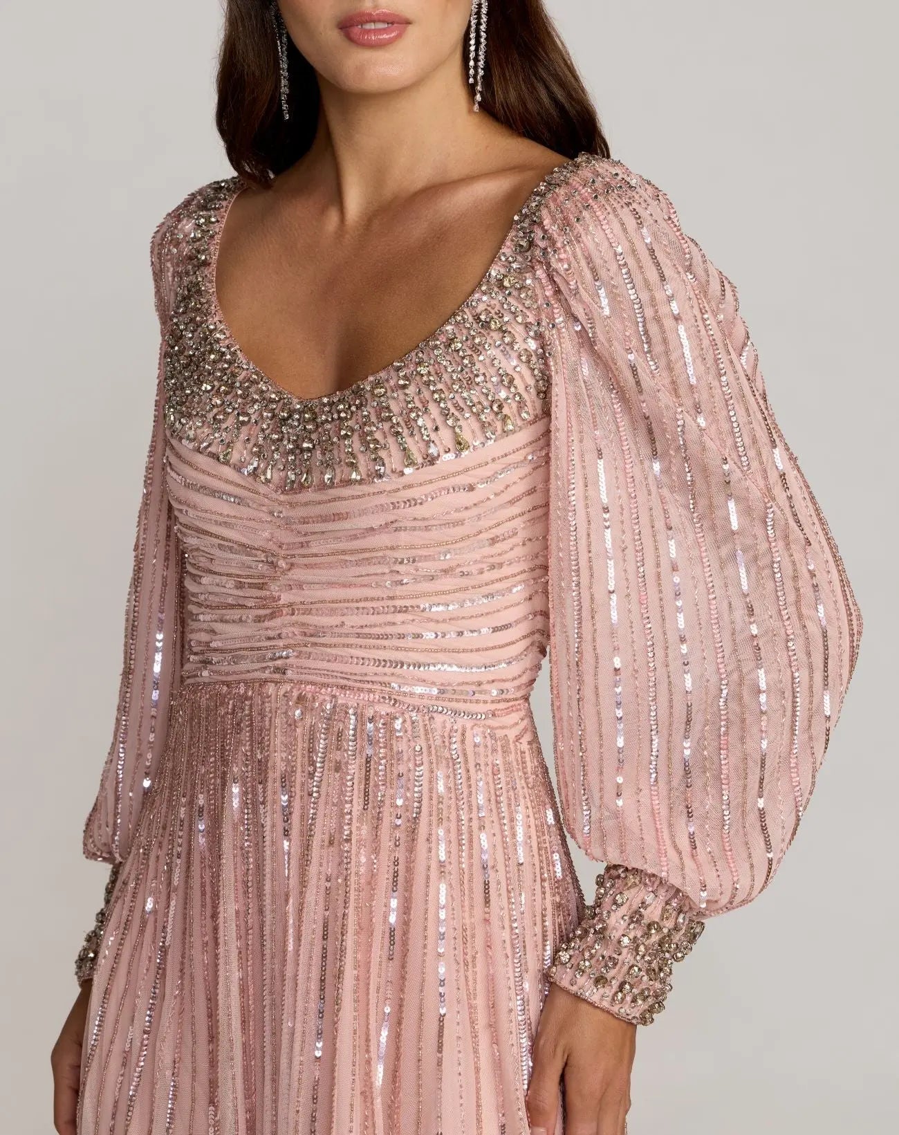 Mac Duggal 23085 Light Rose embellished long sleeve scoop neck A line gown - detail