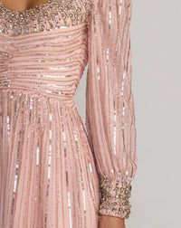 Mac Duggal 23085 Light Rose embellished long sleeve scoop neck A line gown - close-up