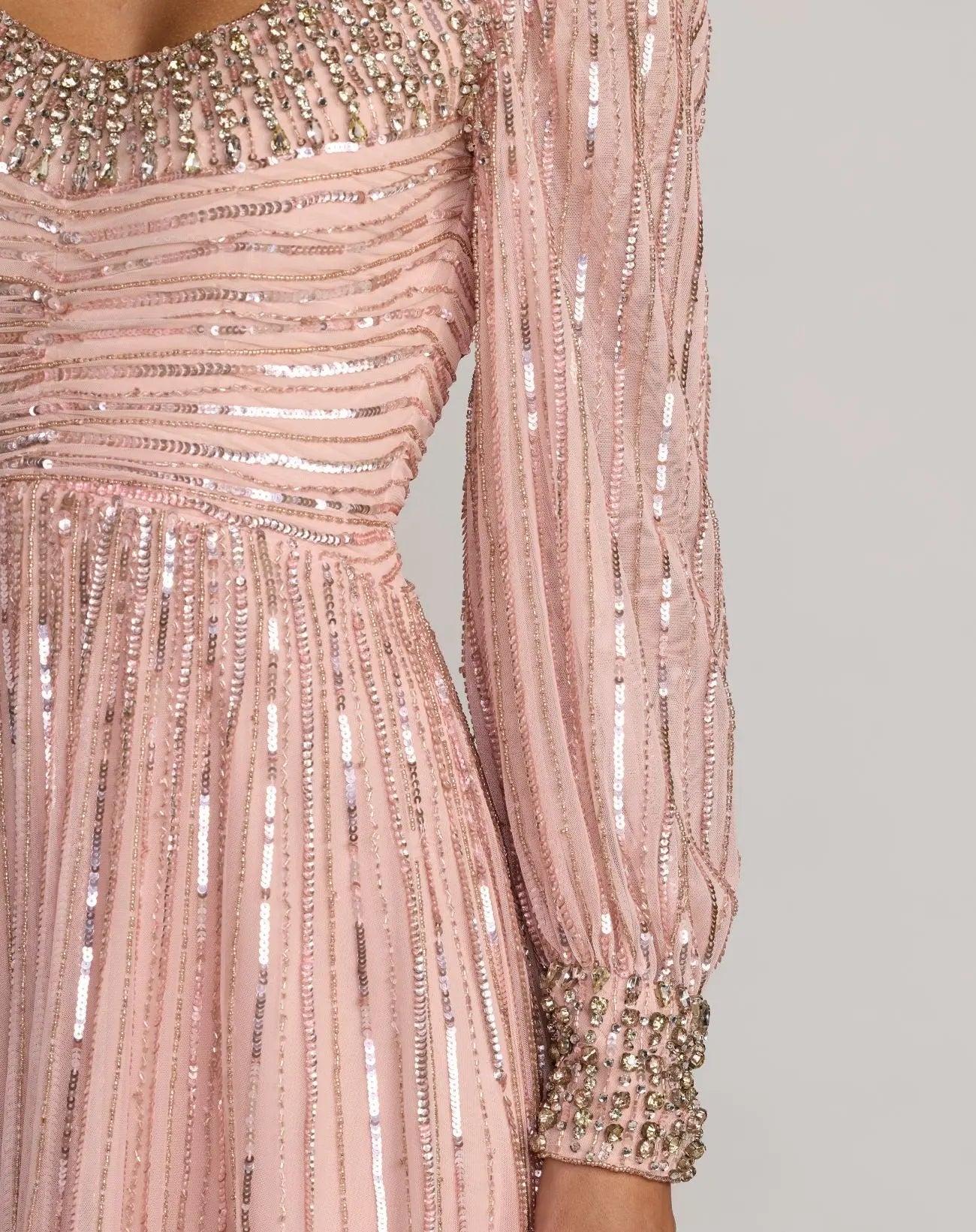 Mac Duggal 23085 Light Rose embellished long sleeve scoop neck A line gown - close-up