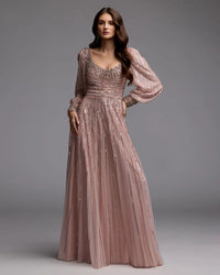 Mac Duggal 23085 Light Rose embellished long sleeve scoop neck A line gown