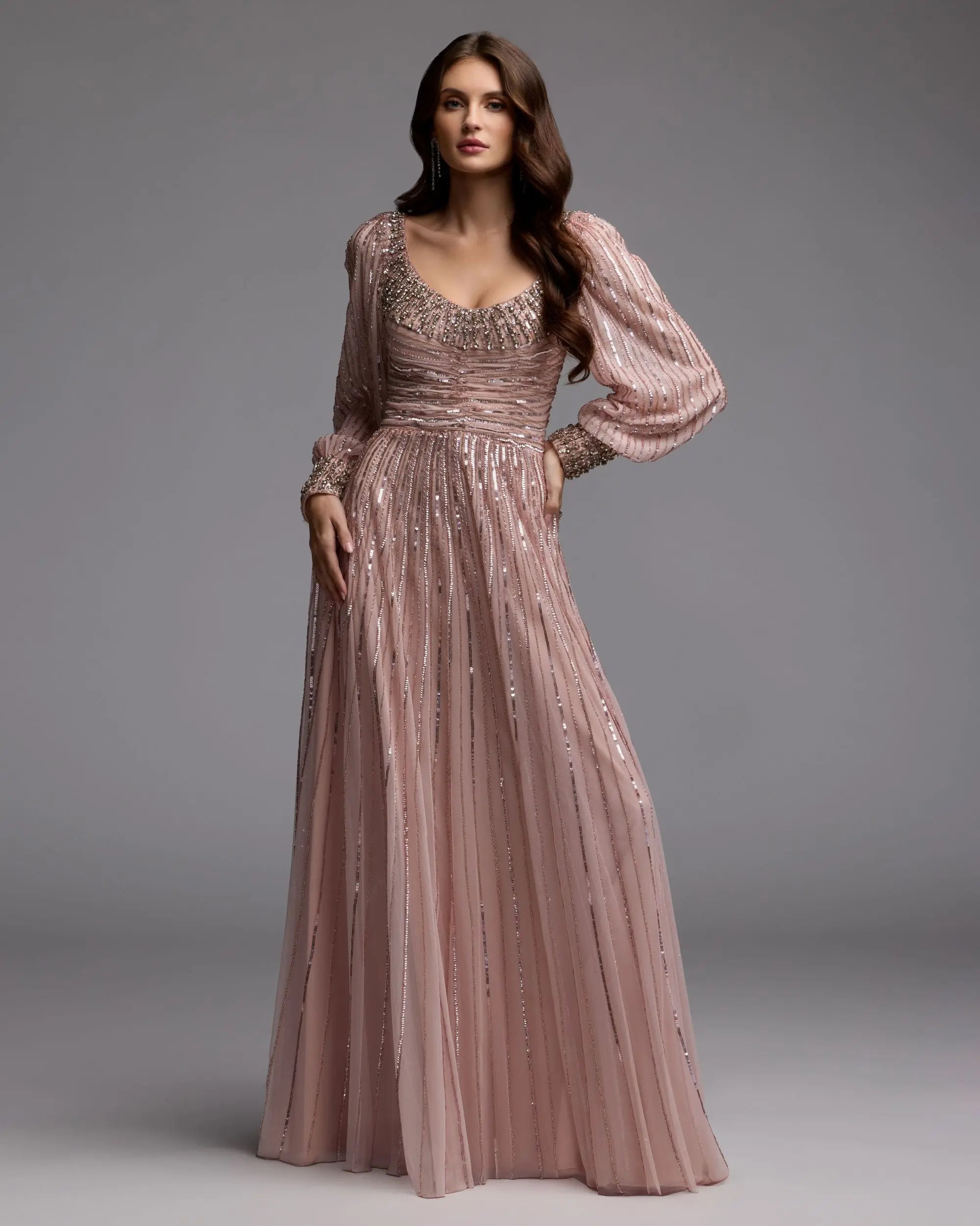 Mac Duggal 23085 Light Rose embellished long sleeve scoop neck A line gown