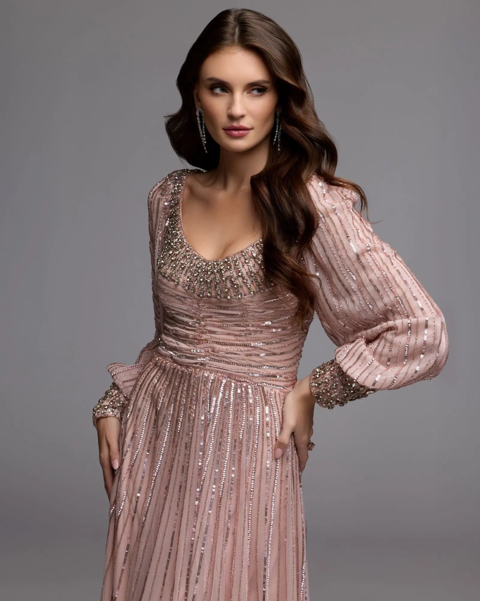 Mac Duggal 23085 Light Rose embellished long sleeve scoop neck A line gown - alternate view