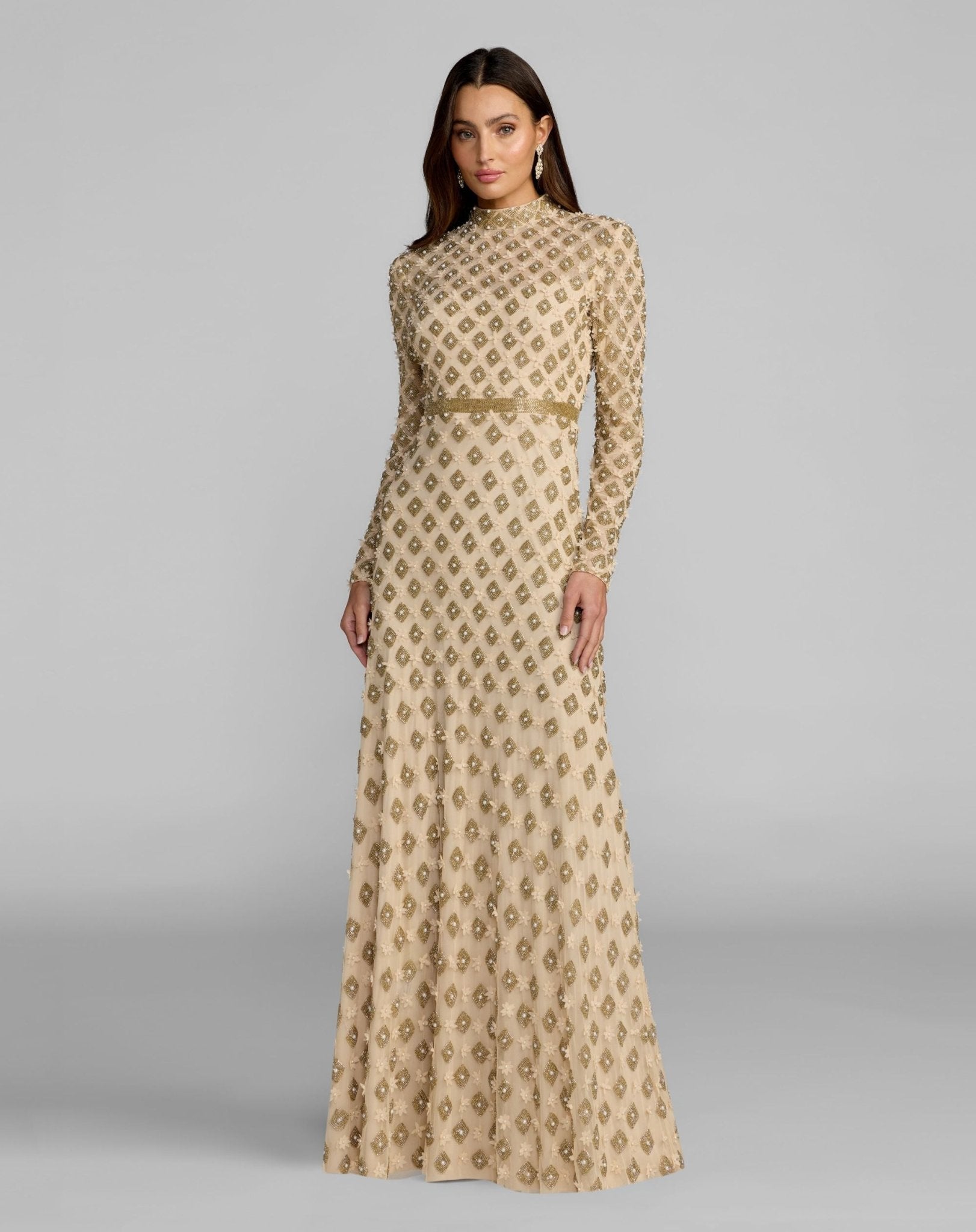 Mock Neck Long Sleeve Embellished A-Line Gown
