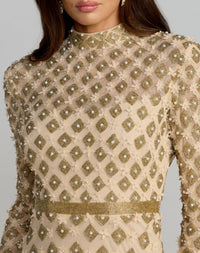 Mock Neck Long Sleeve Embellished A-Line Gown