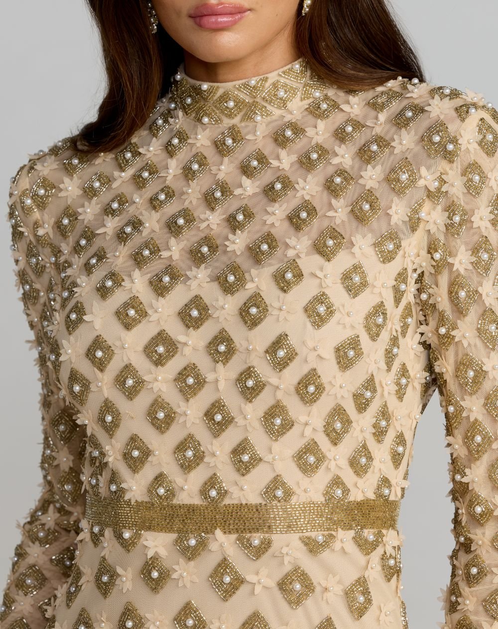 Mock Neck Long Sleeve Embellished A-Line Gown