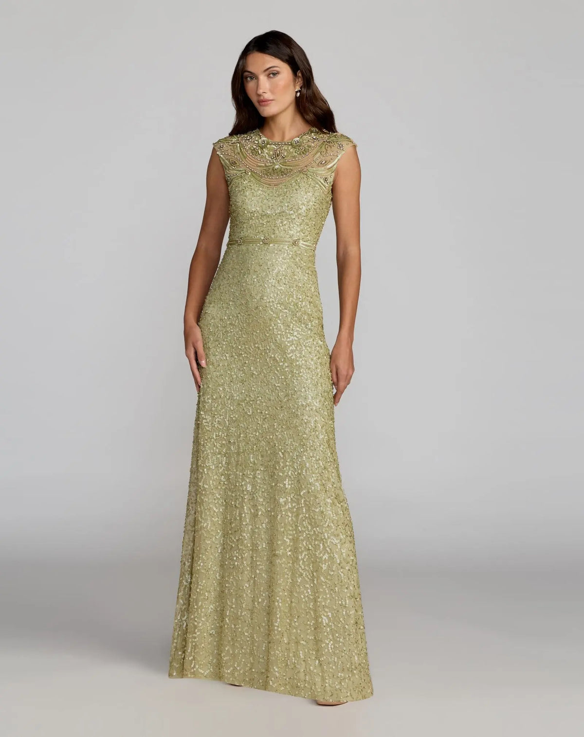Mac Duggal #23095 fern green beaded mesh cap sleeve column gown, front view