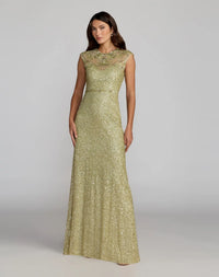 Mac Duggal #23095 fern green beaded mesh cap sleeve column gown, front view