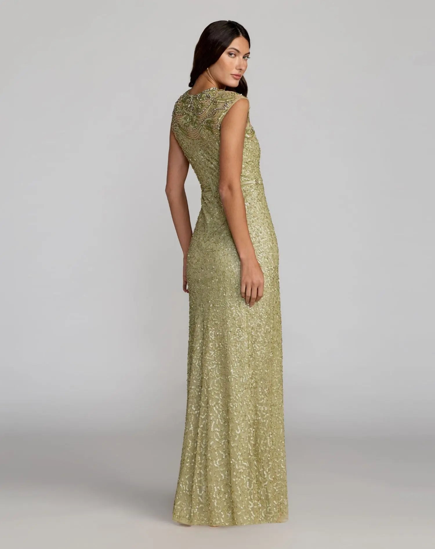 Mac Duggal #23095 fern green beaded mesh column gown, back view