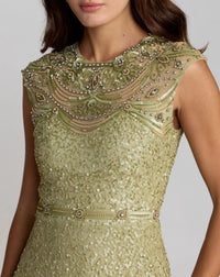 Mac Duggal #23095 fern green beaded mesh gown, close-up of beaded neckline and rhinestone detail