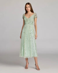 Mac Duggal Sage Green Green Sequin Jeweled V Neck Midi Dress #23098