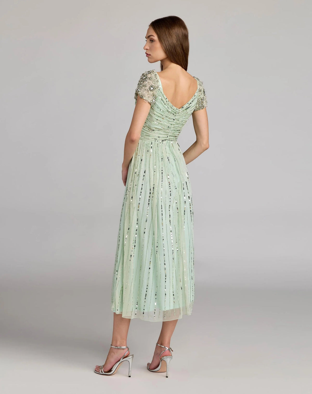 Mac Duggal Sage Green Green Sequin Jeweled V Neck Midi Dress #23098