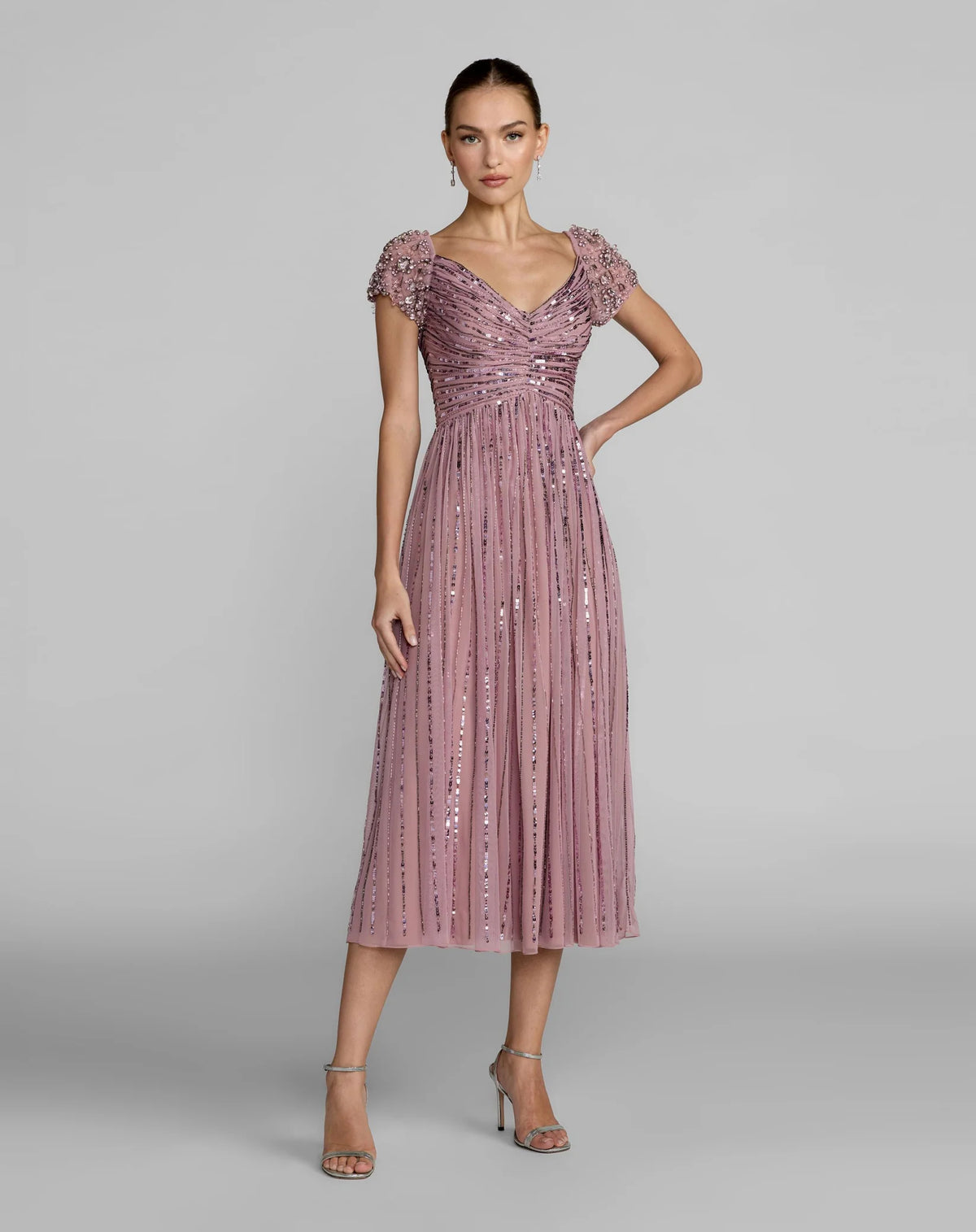 Green Sequin Jeweled V Neck Midi Dress