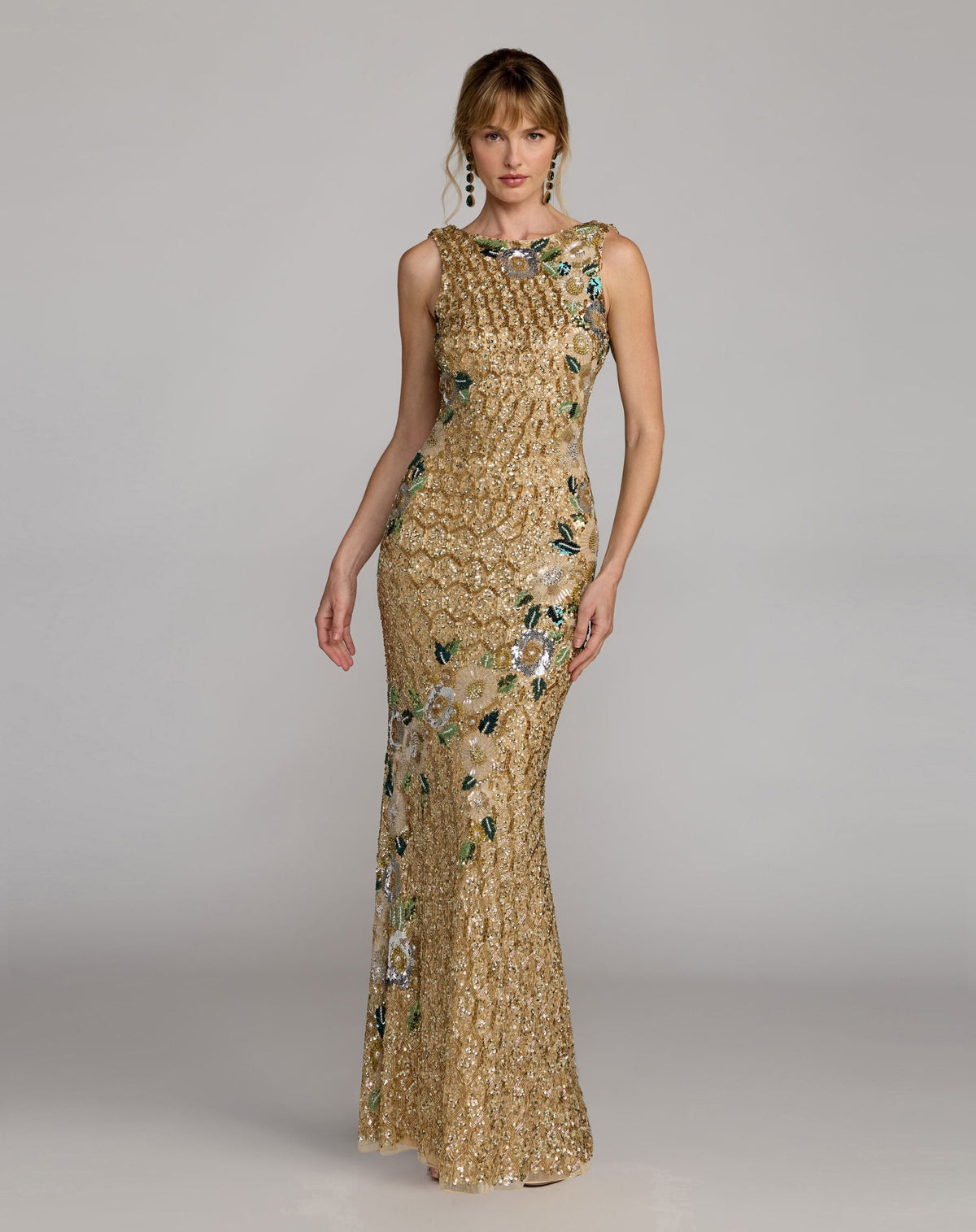 Mac Duggal #23099 gold multi floral embellished sleeveless cowl back gown