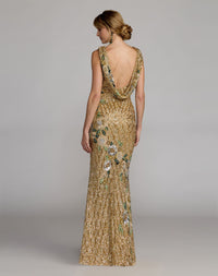 Mac Duggal #23099 gold multi floral embellished sleeveless cowl back gown back