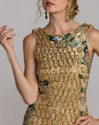 Mac Duggal #23099 gold multi floral embellished sleeveless cowl back gown close-up