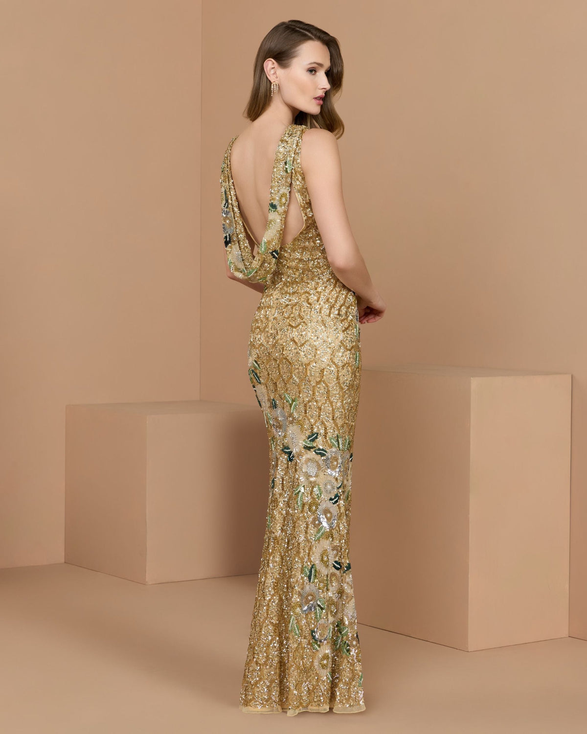 Mac Duggal #23099 gold multi floral embellished sleeveless cowl back gown lifestyle back