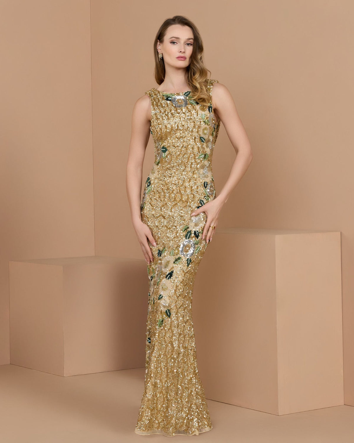 Mac Duggal #23099 gold multi floral embellished sleeveless cowl back gown lifestyle
