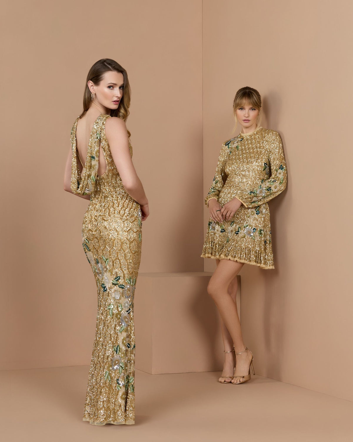 Mac Duggal #23102 gold multi floral hand beaded long sleeve mini dress lifestyle group