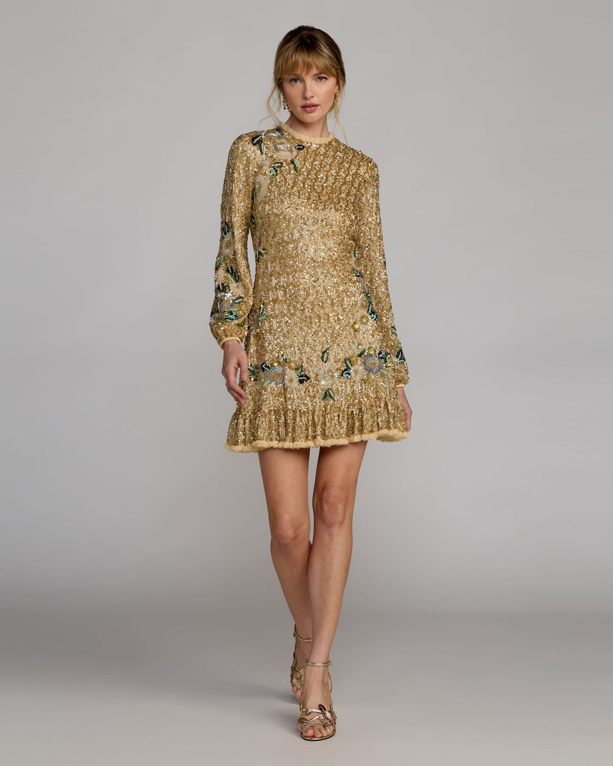 Mac Duggal #23102 gold multi floral hand beaded long sleeve mini dress