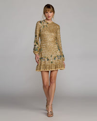 Mac Duggal #23102 gold multi floral hand beaded long sleeve mini dress