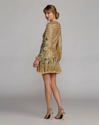 Mac Duggal #23102 gold multi floral hand beaded long sleeve mini dress back