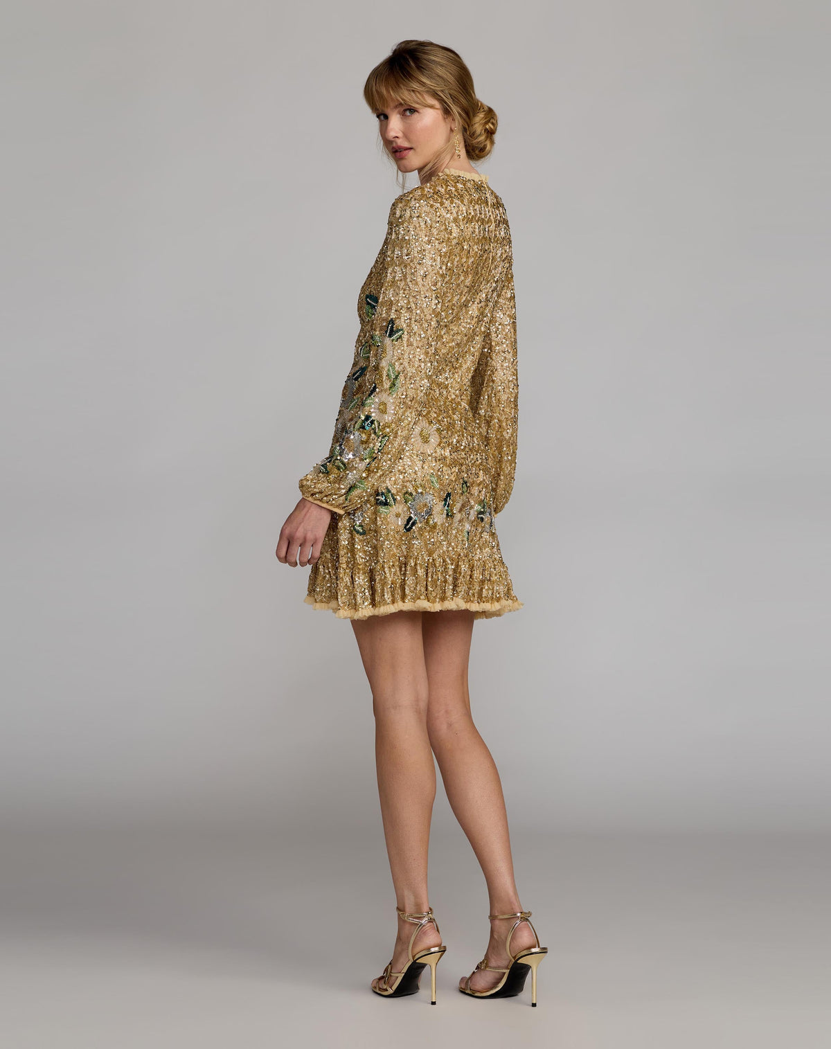 Mac Duggal #23102 gold multi floral hand beaded long sleeve mini dress back