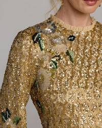 Mac Duggal #23102 gold multi floral hand beaded long sleeve mini dress close-up