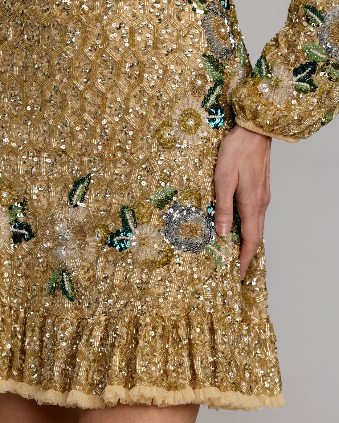 Mac Duggal #23102 gold multi floral hand beaded long sleeve mini dress detail