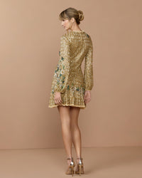 Mac Duggal #23102 gold multi floral hand beaded long sleeve mini dress lifestyle back