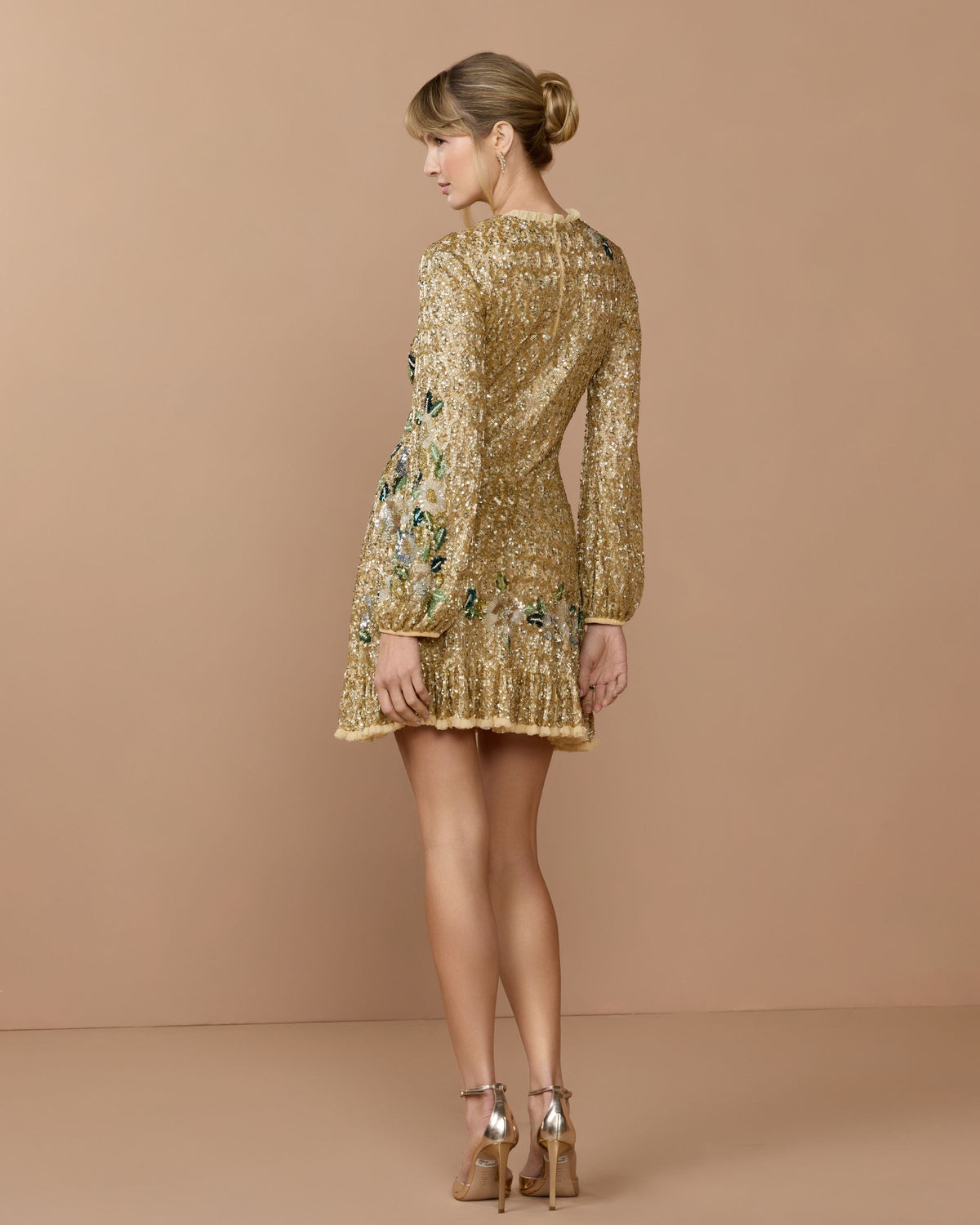 Mac Duggal #23102 gold multi floral hand beaded long sleeve mini dress lifestyle back