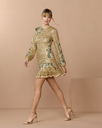 Mac Duggal #23102 gold multi floral hand beaded long sleeve mini dress lifestyle