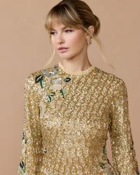 Mac Duggal #23102 gold multi floral hand beaded long sleeve mini dress lifestyle detail