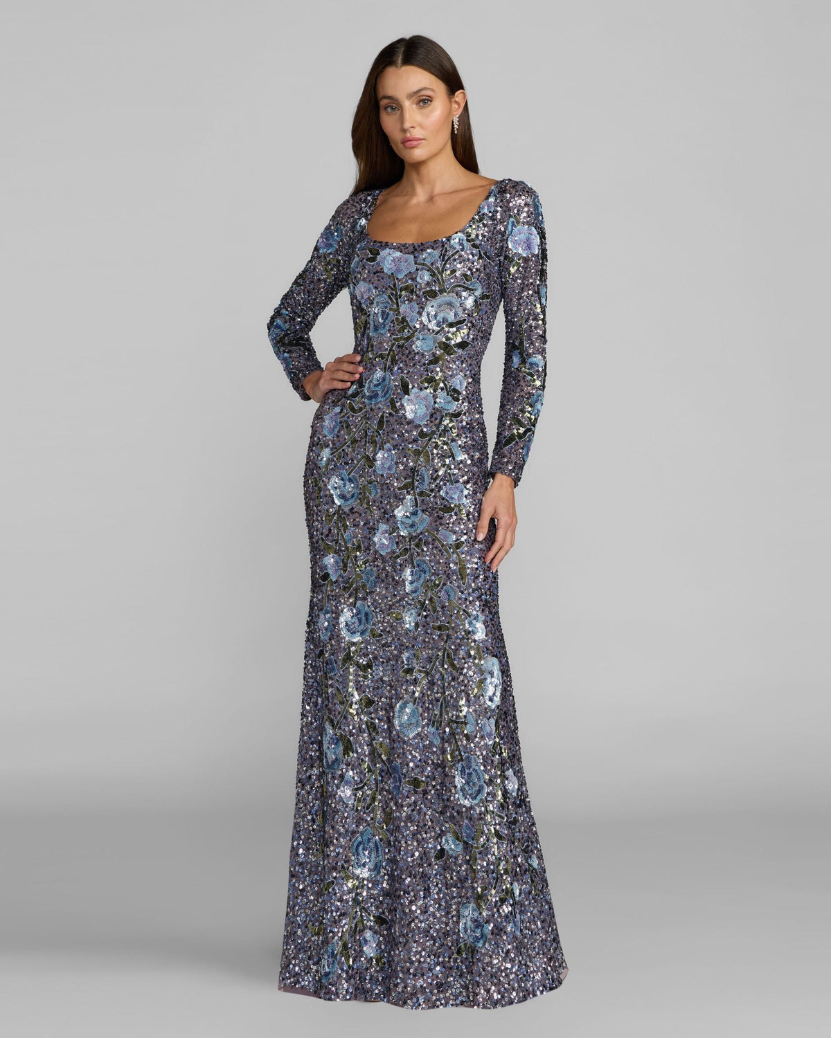 Mac Duggal Blue Floral Sequin Long Sleeve Gown #23103 Hydrangea Multi