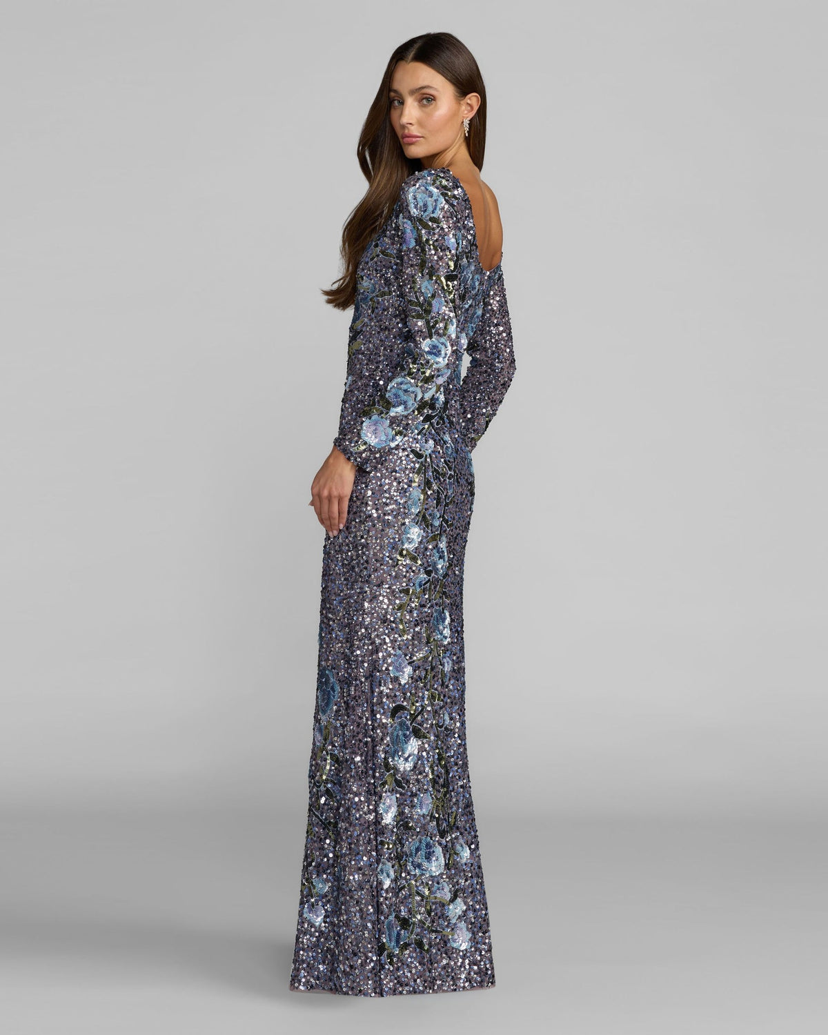 Side view of Mac Duggal Blue Floral Sequin Long Sleeve Gown #23103 Hydrangea Multi