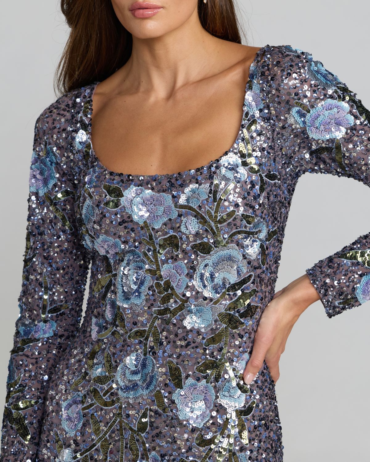 Close up view of Mac Duggal Blue Floral Sequin Long Sleeve Gown #23103 Hydrangea Multi 
