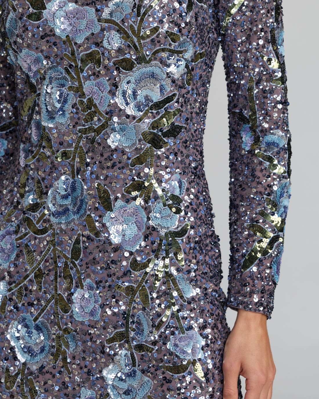 Close up of torso of Mac Duggal Blue Floral Sequin Long Sleeve Gown #23103 Hydrangea Multi