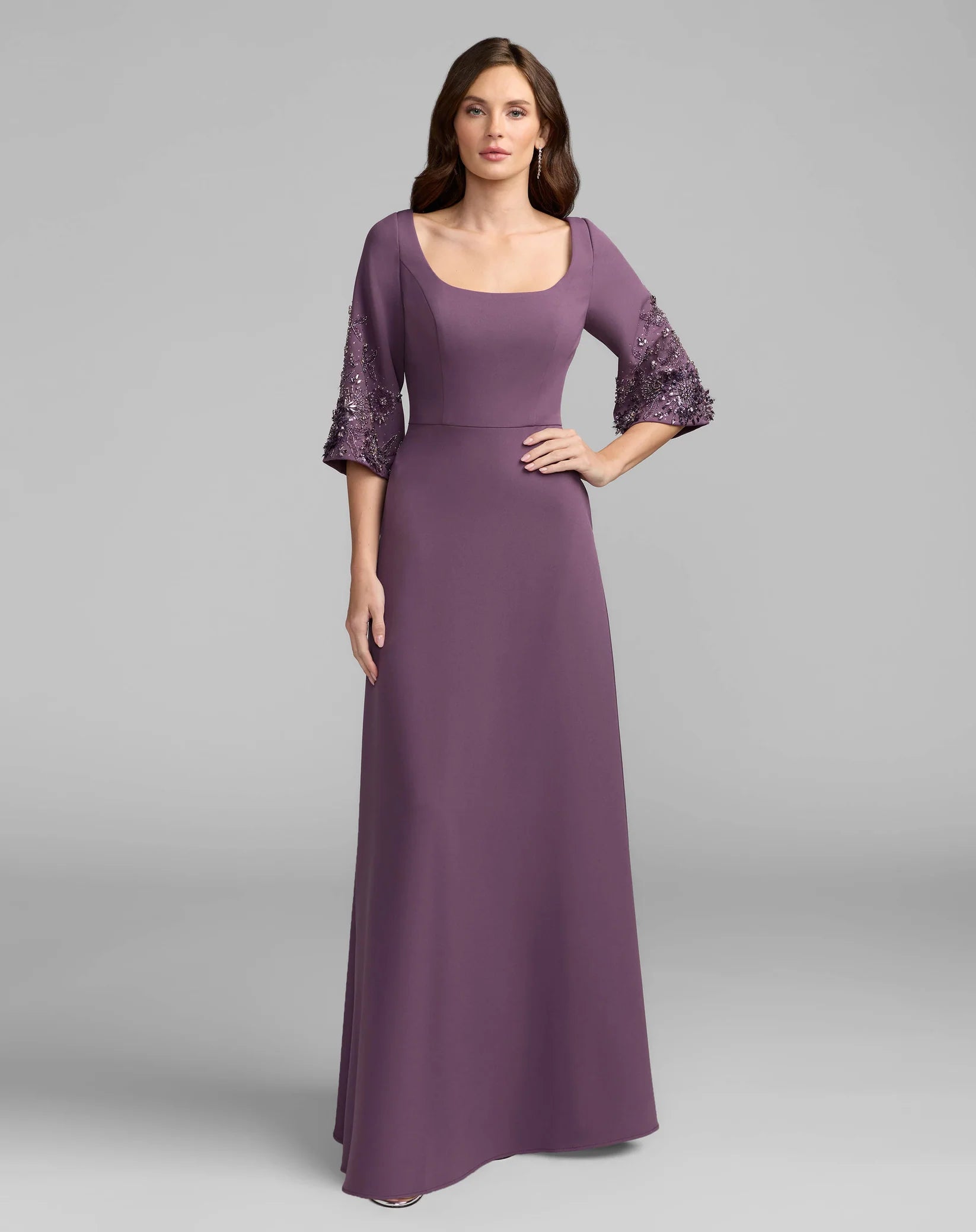 Mac Duggal Eggplant Crepe Gown With Floral Embellished Sleeves #2311