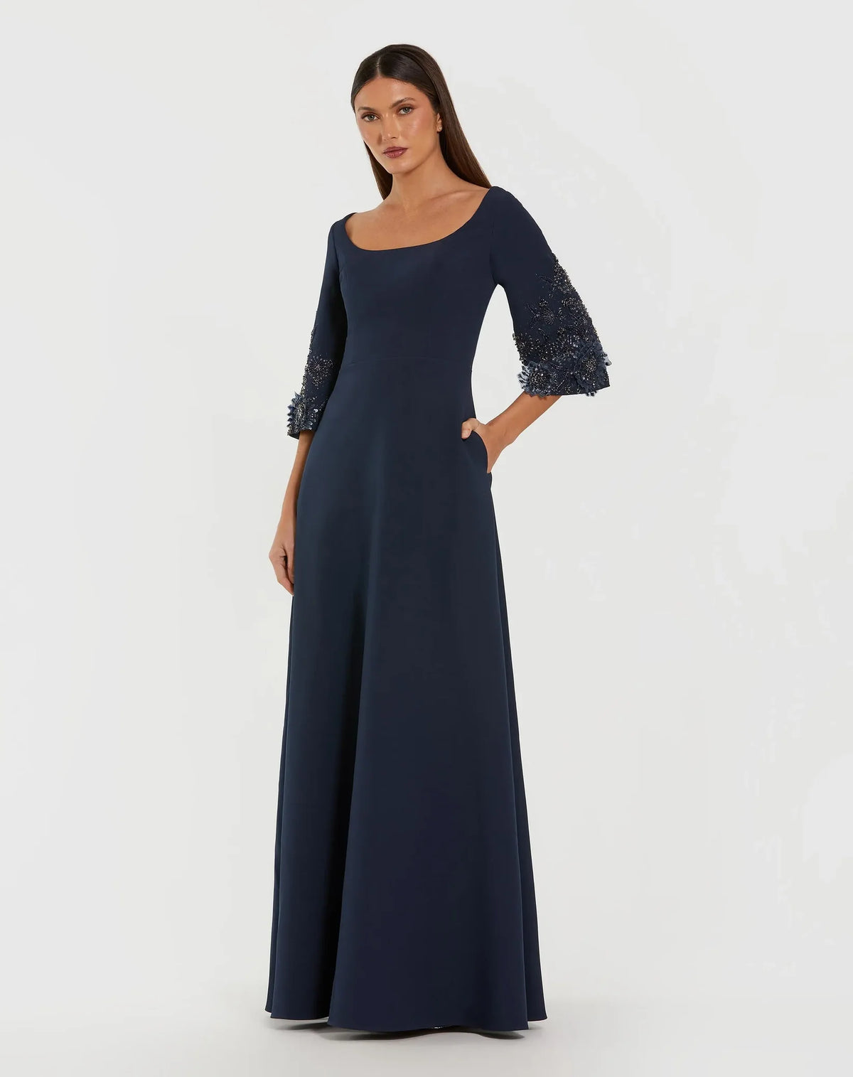 Mac Duggal Midnight Crepe Gown With Floral Embellished Sleeves #2311